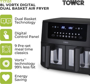 Tower T17151 8 Litre Digital Dual Basket Air Fryer