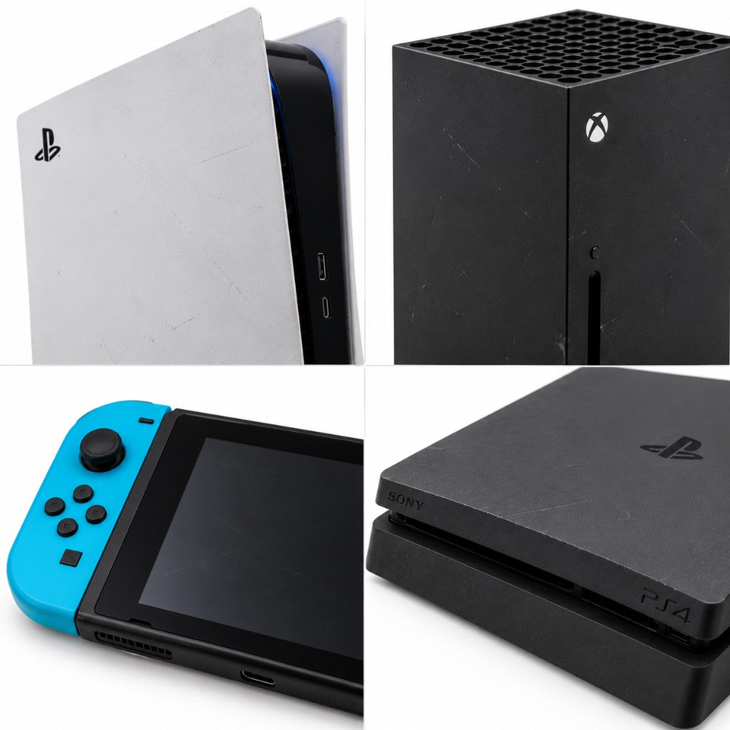 Fair condition console example: visible scratches on a PlayStation 5, Xbox, Nintendo Switch and PlayStation 4