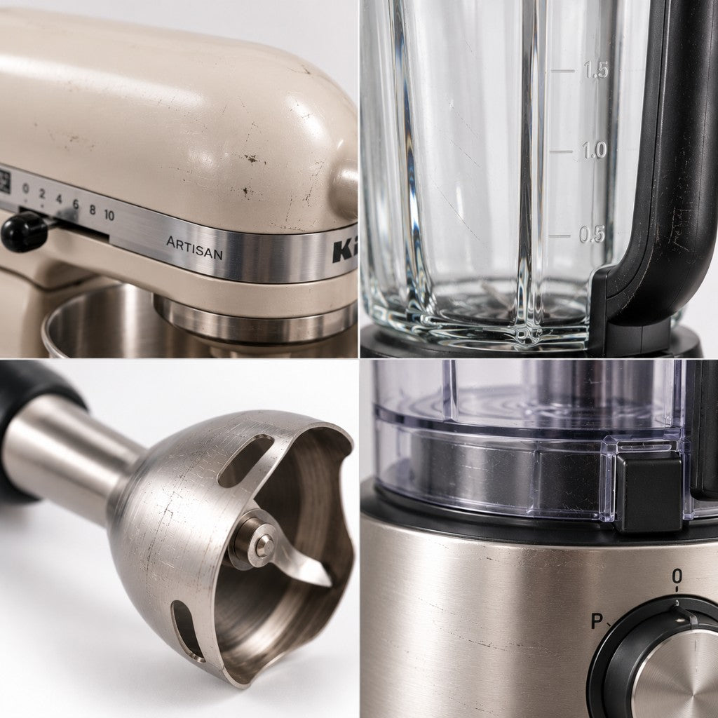 Fair condition mixer and blender example: visible scratches on a stand mixer, blender jug, hand blender and food processor