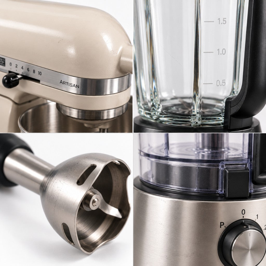 Good condition mixer and blender example: light wear on a stand mixer, blender jug, hand blender and food processor