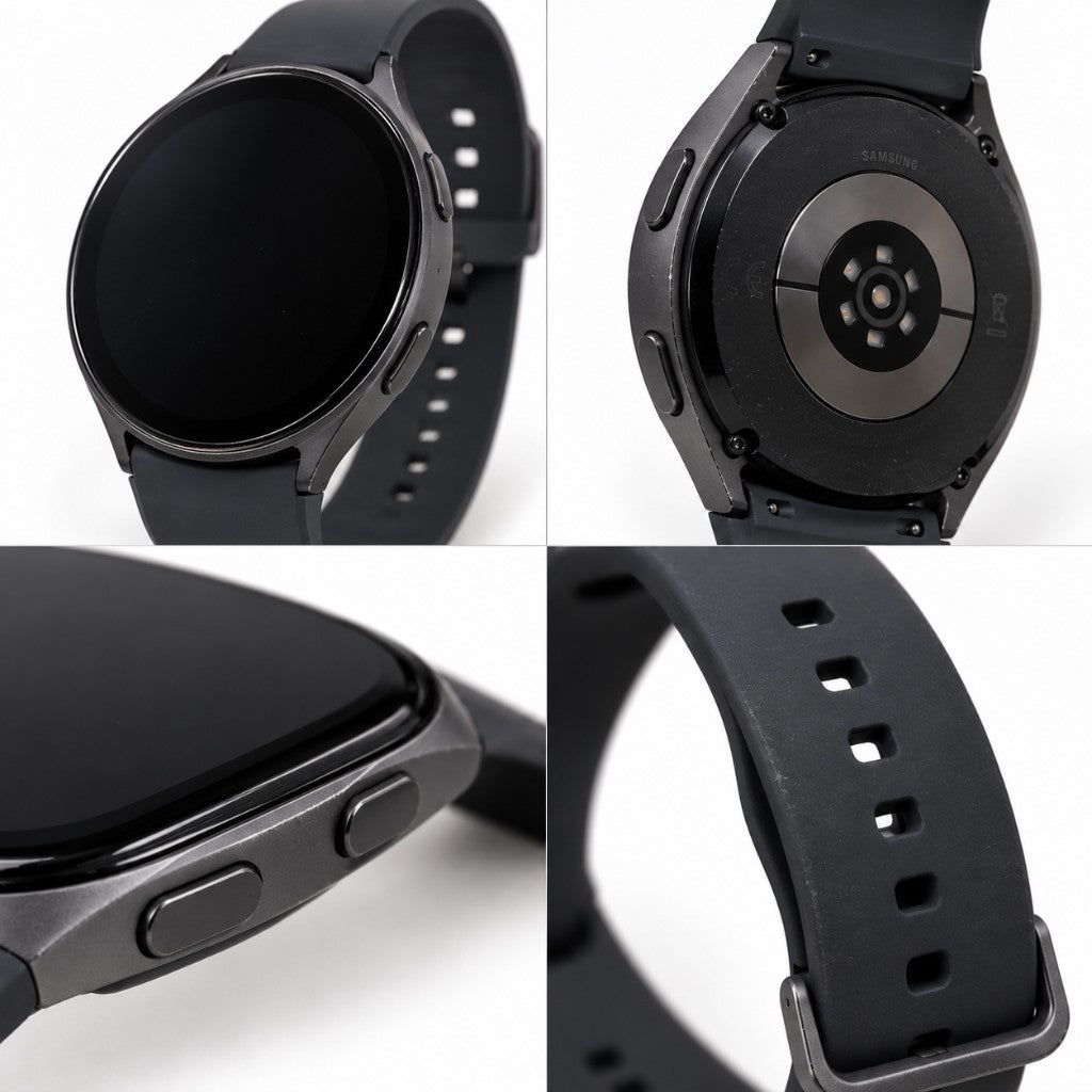 Good condition Samsung Watch example: light wear on the screen, case, side buttons and strap