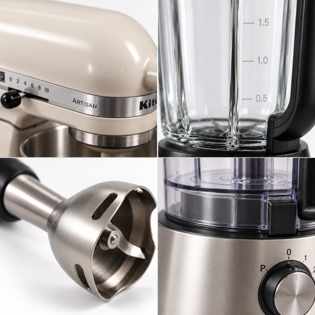 Very Good condition mixer and blender example: minor marks on a stand mixer, blender jug, hand blender and food processor