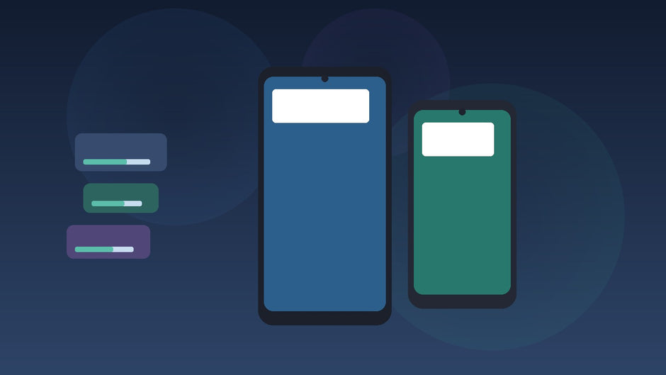 Abstract smartphones and soft software-update cards on a blue desk — Samsung One UI 9 rollout and refurbished Galaxy buying guide