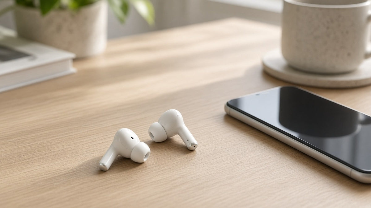 Wireless earbuds and smartphone on a desk — AirPods 5 launch and refurbished headphones buying guide