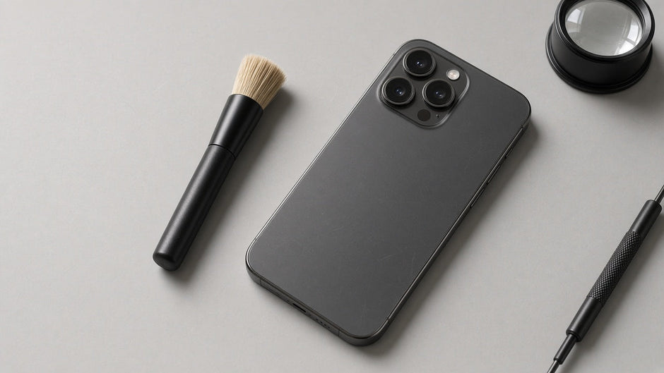 Smartphone on a workbench with inspection tools used for cosmetic grading