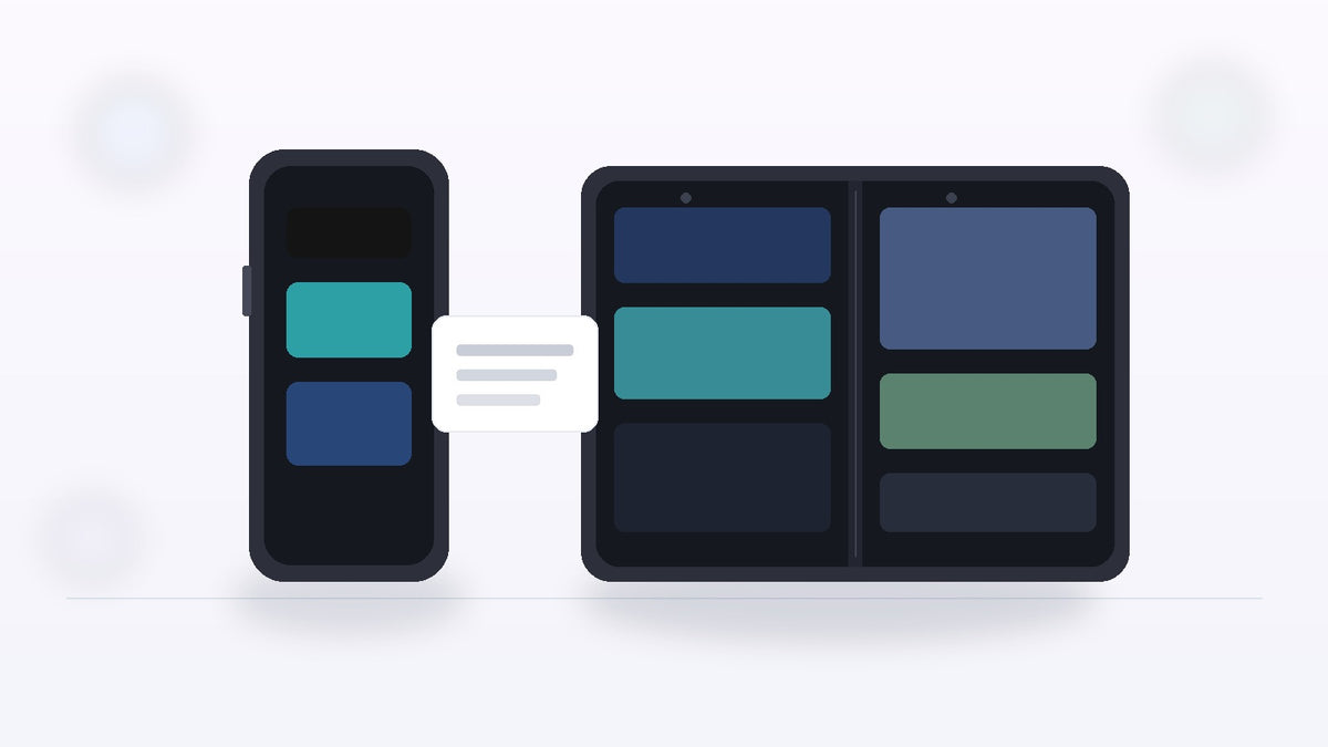 Abstract closed phone and open dual-screen foldable motif on a soft desk — iPhone Duo news and refurbished iPhone buying guide