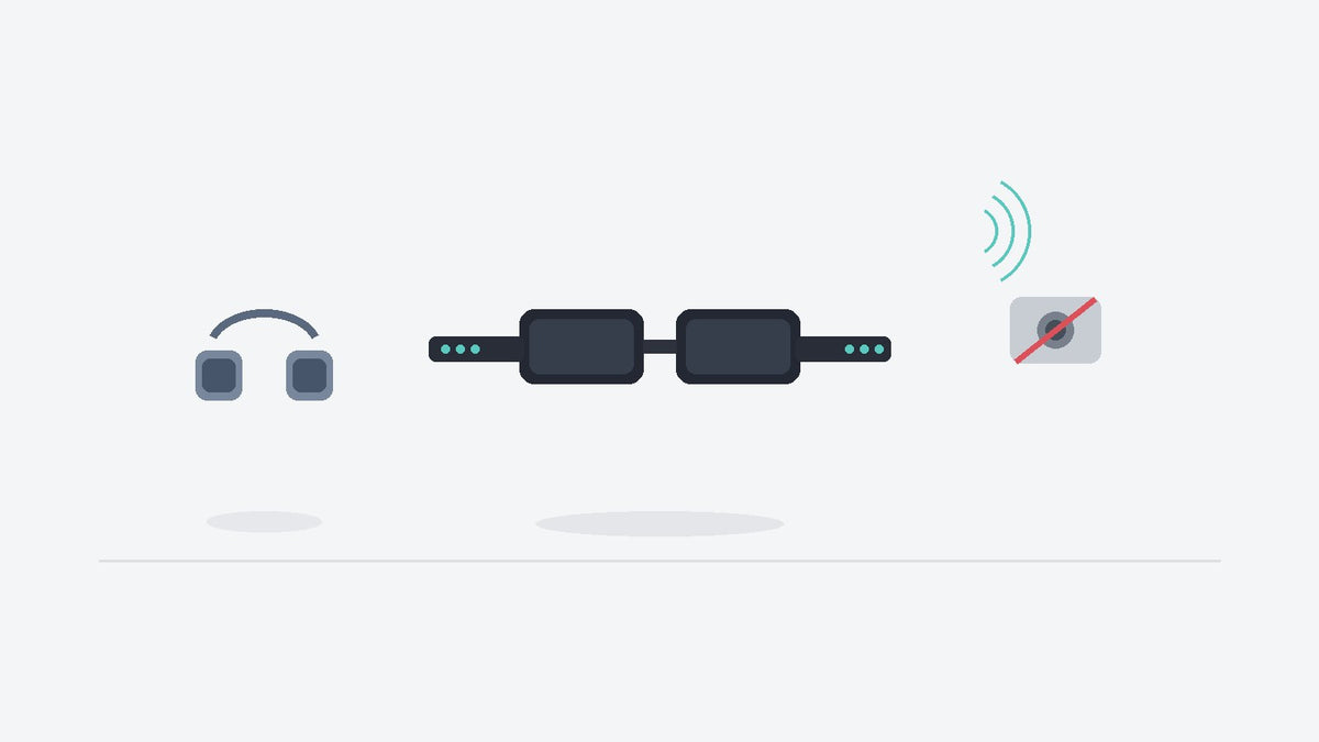 Abstract smart glasses with open-ear speaker cues beside headphones and a no-camera icon — Meta Connect Ray-Ban Meta Audio news and refurbished headphone buying guide