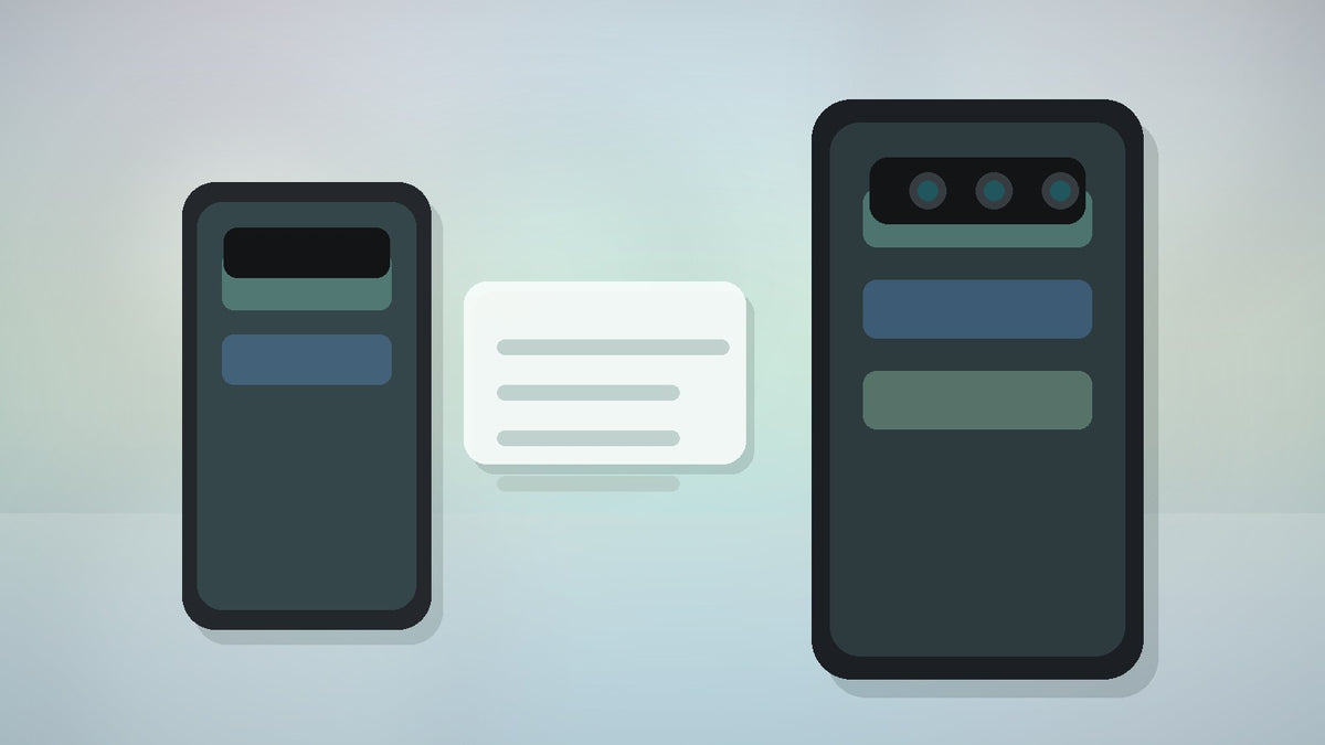 Abstract large and compact smartphones with a comparison card on a soft teal desk — Pixel 11 Pro XL review and refurbished Pixel buying guide