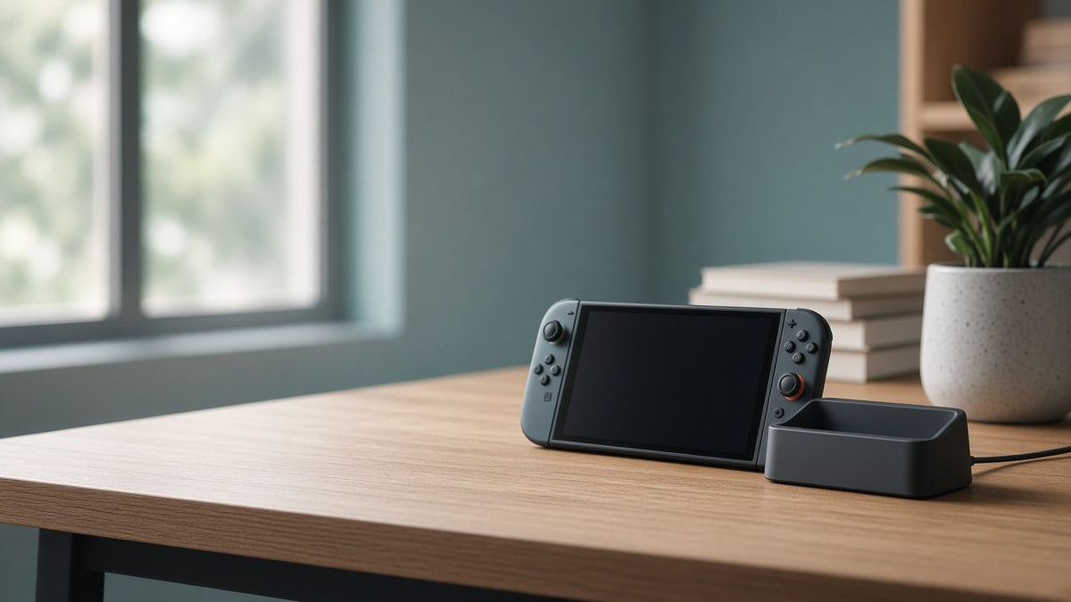 Unbranded handheld game console and dock on a wooden desk — Switch 2 UK price deal and refurbished console buying guide