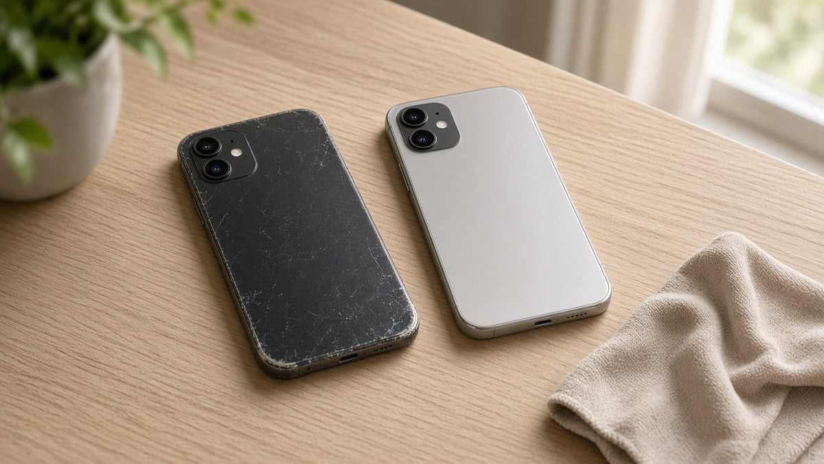 Used scratched phone beside a clean refurbished phone on a desk