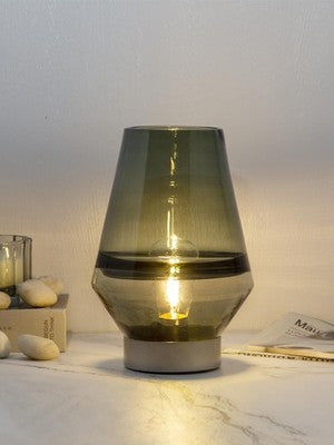 MJ PREMIER Battery Table Lamp Handmade Grey Glass Shade Cordless Indoor
