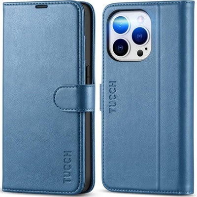 TUCCH iPhone 14 Pro PU Leather Wallet Case Kickstand RFID Shiny Light Blue