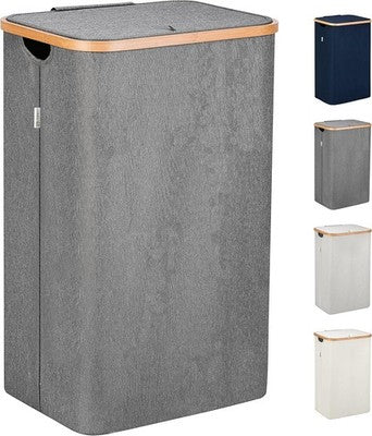 Lonbet Grey Laundry Hamper with Lid XL 100L Bamboo Tall Basket Handles