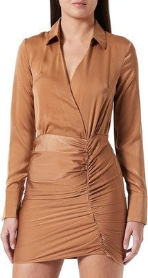 Pretty Darling Womens Ruched Bodycon Dress Sand Satin V-Neck Long Sleeve UK 14