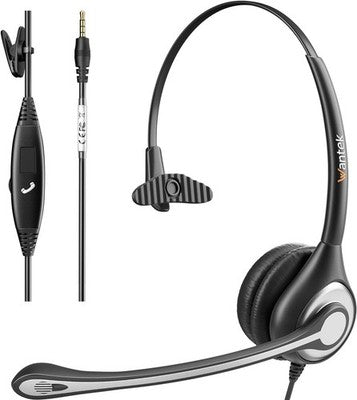 Wantek Headset Mono 601F 3.5mm Jack Noise Cancelling Mic for PC Smartphone