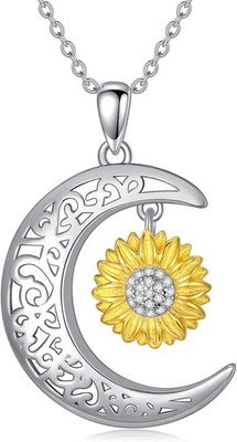 VONALA Sunflower Moon Necklace 925 Sterling Silver Crescent Pendant