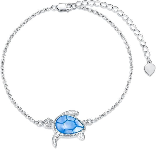 HUKKUN Turtle Bracelet Sterling Silver Mosaic Shell Sea Turtle Gift Women Girls