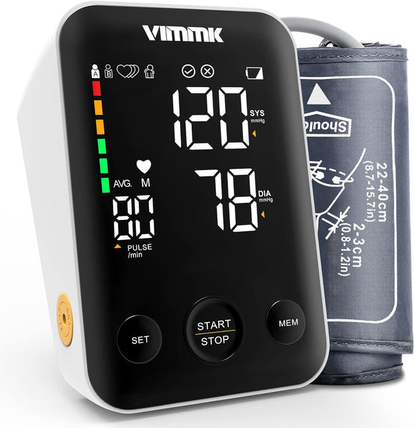 Blood Pressure Monitor CE Approved UK, Vimmk Upper Arm Blood Pressure Machines for Home Use Accurate BP Cuff LED Backlight Display Heart Rate Detection 2x120 Records, Cuff 22-40cm - Rebx.co.uk