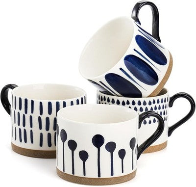 SOUJOY Set of 4 Porcelain Coffee Mugs 15Oz Hand Painted White Gift