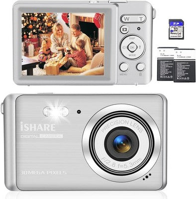 30MP Digital Camera 18X Zoom Vlogging 32GB Card 2 Batteries Silver