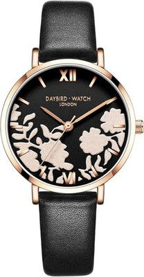 RORIOS Women's Quartz Watch Flower Dial Black Leather Strap Wristwatch