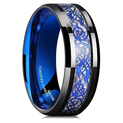 King Will Celtic Dragon Tungsten Ring 8mm, Black/Azure/Silver, 8.5