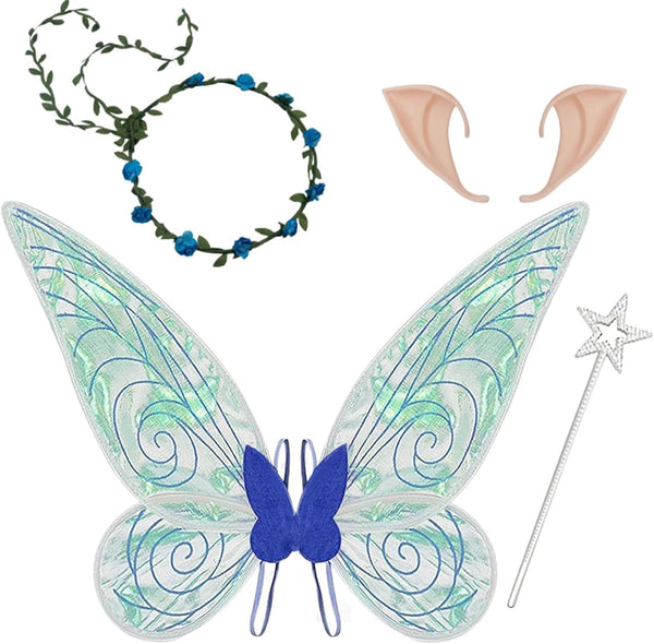 GothicBride Fairy Wings with Elf Ears Flower Wreath Adult Wings Costume Children for Carnival Halloween Christmas Party Blue Pack of 4 - Rebx.co.uk