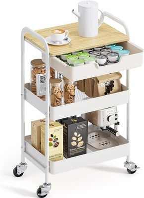 KINGRACK 3 Tier Rolling Utility Cart White Drawer Wooden Top Locking Wheels