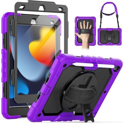 SEYMAC iPad 10.2 Case 360 Rotating Hand Strap Kickstand Shoulder Strap Purple
