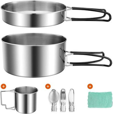 Odoland Camping Pan Pot Set - Stainless Steel Outdoor Cooking Gear Kit