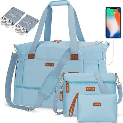 BAGODI Womens Gym Bag Weekender USB Wet Pocket Shoe Compartment 5pc