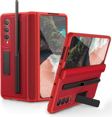 pcgaga Leather Case Galaxy Z Fold3 5G S Pen Holder Hinge+Screen Kickstand Red