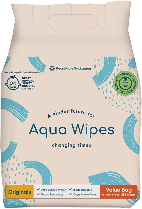 Aqua Wipes Originals Baby Wipes, Vegan Biodegradable Aloe Vera, 4-Pack