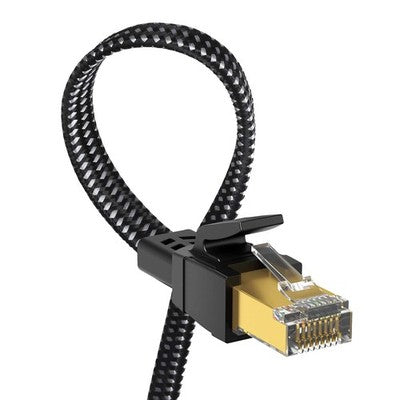 Cat8 Flat Nylon-Braided Ethernet Cable Black/Silver 1 M High-Speed Lan Lead