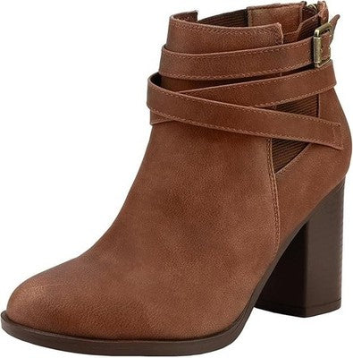 TOETOS Womens Ankle Boots Faux Leather Zip Chunky Block Heel Brown PU US 7