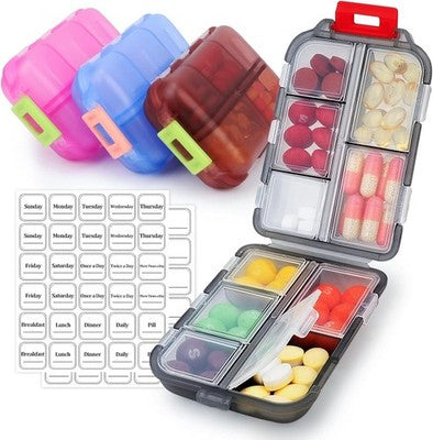 Bathola 4X Portable Pill Box W/10 Compartments + 60 English Label Stickers