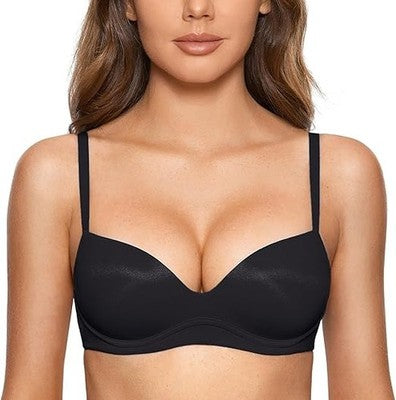 DOBREVA Women's Push Up Bra Black 32D Plunge Wireless Padded