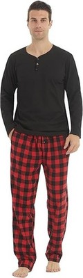 Mens Warm Pyjamas Sets Ultra Soft Henley Long Sleeve Top & Flannel  Size  L