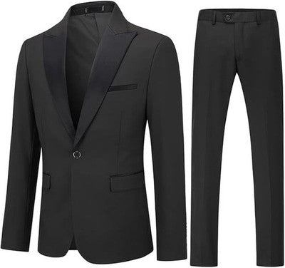 YOUTHUP Men 2 Piece Slim Fit Suit Peak Lapel One Button Black Evening Tuxedo