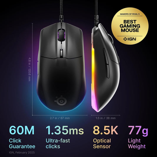 SteelSeries Rival 3 Gen 2 TrueMove Core 8500 DPI RGB Gaming Mouse - Black