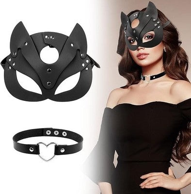 Cat Women Mask And Choker Set, Catwoman Sexy Black Pu Leather