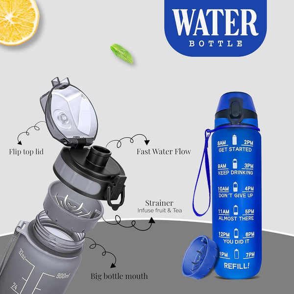 K-MART 1L Sports Water Bottle, Time Marker, Leak-Proof, Ocean Blue