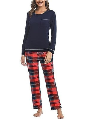 Marvmys Womens Cotton Checked Pyjama Set Navy Blue M