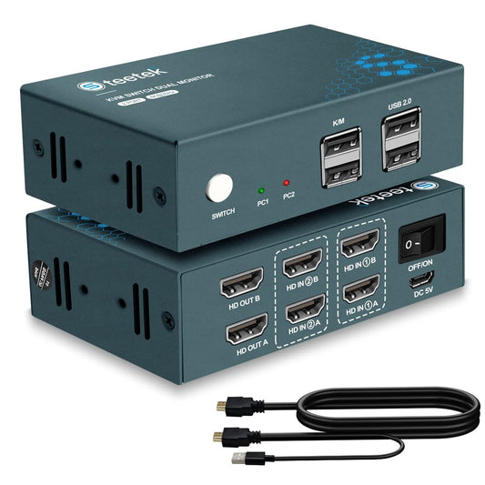 Steetek HDMI KVM Switch 2 Monitors 4K 30Hz USB 2.0 2 PC 2 Monitor Cable