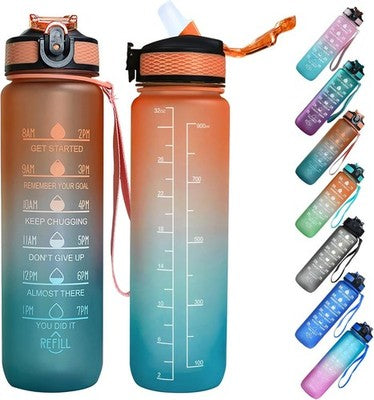 32oz Motivational Water Bottle with Straw BPA Free Orange/Blue Gradient