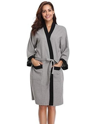 Vlazom Unisex Waffle Dressing Gown Cotton Kimono Robe Grey Black S