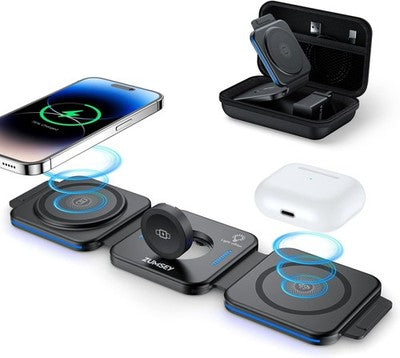 ZUMSEY Foldable 3 in 1 Wireless Charger iPhone Watch AirPods Black Stand