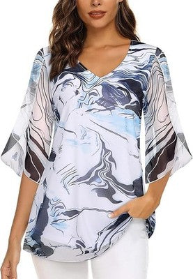 Syphiby Women's Chiffon Blouse Ruffle 3/4 Sleeve V-Neck Ink-wash Painting XL