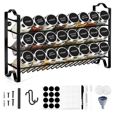 3 Tier Spice Rack Free Standing Metal Holder 24 Glass Jars Kitchen