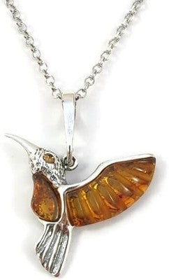 Kiara Jewellery 925 Silver Hummingbird Pendant Brown Baltic Amber 18" Chain
